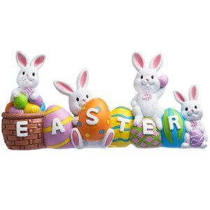 Easter Bunny Eggs with The Word Easter Resin Centerpiece Decor 4 Rabbits